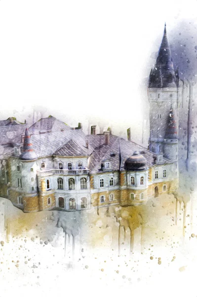 Bokw 'daki sarayın panoraması hava manzaralı sanat illüstrasyonu antika eskiz.