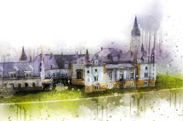 Bokw 'daki sarayın panoraması hava manzaralı sanat illüstrasyonu antika eskiz.