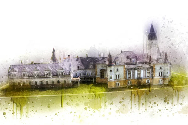 Bokw 'daki sarayın panoraması hava manzaralı sanat illüstrasyonu antika eskiz.