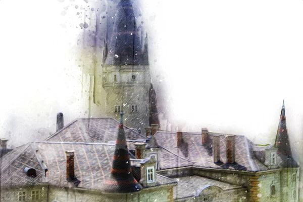 Bokw 'daki sarayın panoraması hava manzaralı sanat illüstrasyonu antika eskiz.