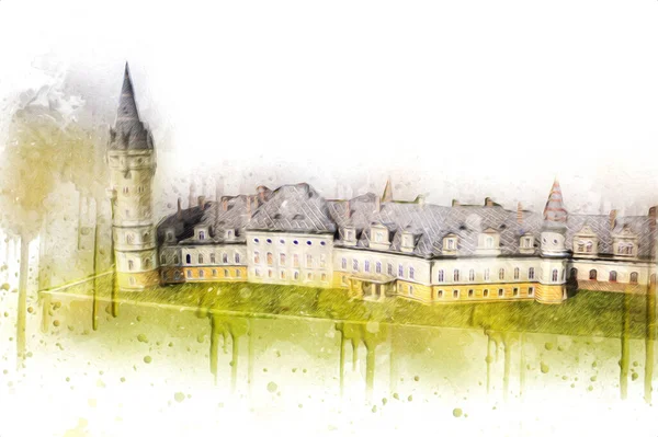 Bokw 'daki sarayın panoraması hava manzaralı sanat illüstrasyonu antika eskiz.