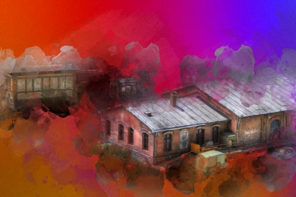 Platformda treni ve lokomotifi olan eski tren istasyonu kalkışı bekliyor. Akşam güneşleri dumanlı kemerlerle ışınlar, sanat illüstrasyonu antika eskizler