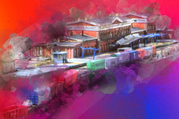 Platformda treni ve lokomotifi olan eski tren istasyonu kalkışı bekliyor. Akşam güneşleri dumanlı kemerlerle ışınlar, sanat illüstrasyonu antika eskizler