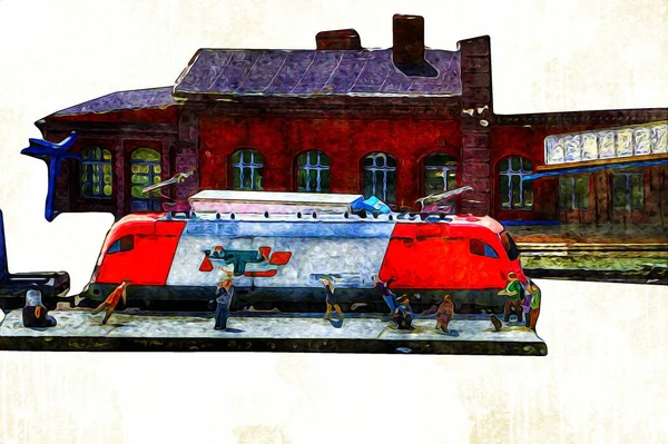 站台上有一列火车和一辆火车头的旧火车站在等待出发 烟幕中的晚霞光芒 艺术图解复古古旧素描 — 图库照片