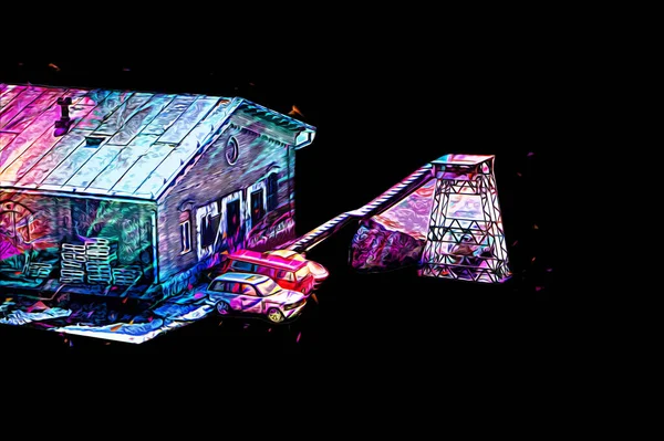 Platformda treni ve lokomotifi olan eski tren istasyonu kalkışı bekliyor. Akşam güneşleri dumanlı kemerlerle ışınlar, sanat illüstrasyonu antika eskizler