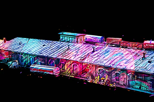 Platformda treni ve lokomotifi olan eski tren istasyonu kalkışı bekliyor. Akşam güneşleri dumanlı kemerlerle ışınlar, sanat illüstrasyonu antika eskizler