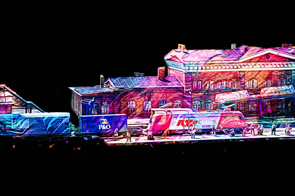 Platformda treni ve lokomotifi olan eski tren istasyonu kalkışı bekliyor. Akşam güneşleri dumanlı kemerlerle ışınlar, sanat illüstrasyonu antika eskizler