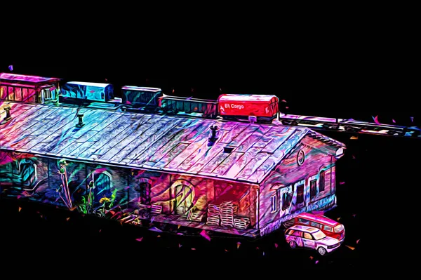 Platformda treni ve lokomotifi olan eski tren istasyonu kalkışı bekliyor. Akşam güneşleri dumanlı kemerlerle ışınlar, sanat illüstrasyonu antika eskizler