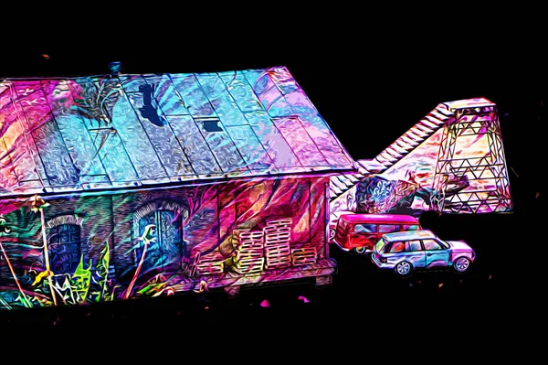 Platformda treni ve lokomotifi olan eski tren istasyonu kalkışı bekliyor. Akşam güneşleri dumanlı kemerlerle ışınlar, sanat illüstrasyonu antika eskizler