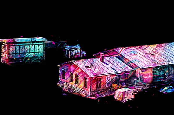 Platformda treni ve lokomotifi olan eski tren istasyonu kalkışı bekliyor. Akşam güneşleri dumanlı kemerlerle ışınlar, sanat illüstrasyonu antika eskizler