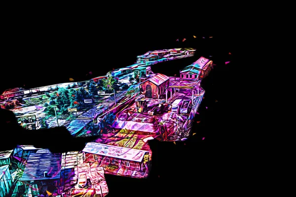 Platformda treni ve lokomotifi olan eski tren istasyonu kalkışı bekliyor. Akşam güneşleri dumanlı kemerlerle ışınlar, sanat illüstrasyonu antika eskizler