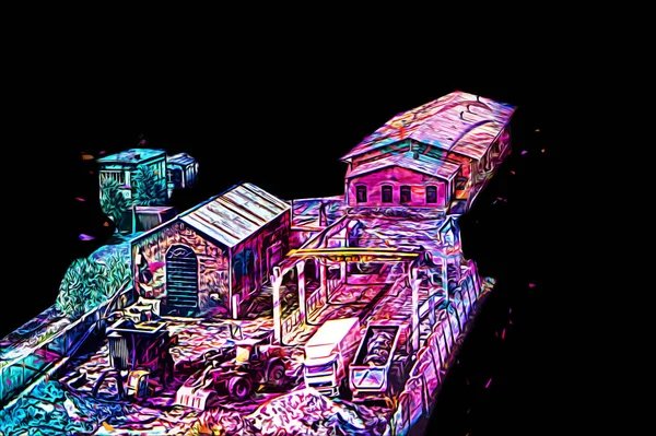 Platformda treni ve lokomotifi olan eski tren istasyonu kalkışı bekliyor. Akşam güneşleri dumanlı kemerlerle ışınlar, sanat illüstrasyonu antika eskizler