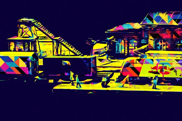 Platformda treni ve lokomotifi olan eski tren istasyonu kalkışı bekliyor. Akşam güneşleri dumanlı kemerlerle ışınlar, sanat illüstrasyonu antika eskizler