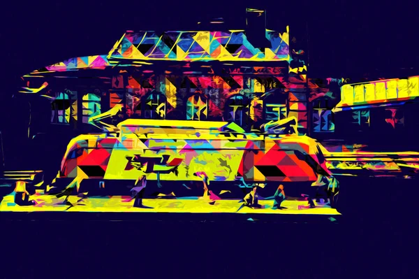 Platformda treni ve lokomotifi olan eski tren istasyonu kalkışı bekliyor. Akşam güneşleri dumanlı kemerlerle ışınlar, sanat illüstrasyonu antika eskizler