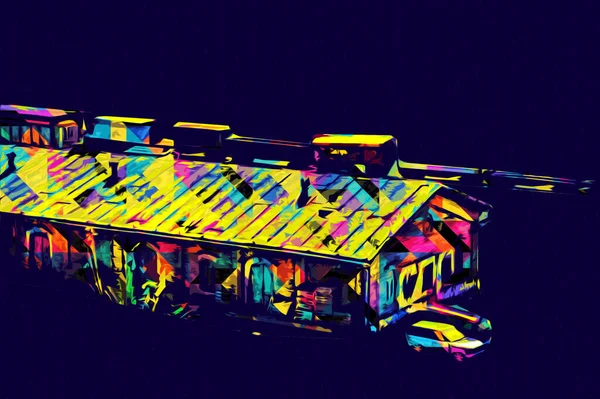 Platformda treni ve lokomotifi olan eski tren istasyonu kalkışı bekliyor. Akşam güneşleri dumanlı kemerlerle ışınlar, sanat illüstrasyonu antika eskizler