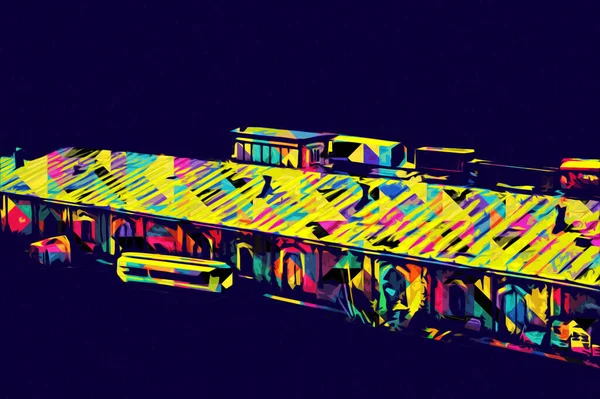 Platformda treni ve lokomotifi olan eski tren istasyonu kalkışı bekliyor. Akşam güneşleri dumanlı kemerlerle ışınlar, sanat illüstrasyonu antika eskizler