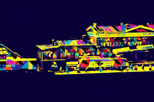 Platformda treni ve lokomotifi olan eski tren istasyonu kalkışı bekliyor. Akşam güneşleri dumanlı kemerlerle ışınlar, sanat illüstrasyonu antika eskizler