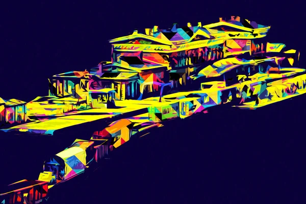 Platformda treni ve lokomotifi olan eski tren istasyonu kalkışı bekliyor. Akşam güneşleri dumanlı kemerlerle ışınlar, sanat illüstrasyonu antika eskizler