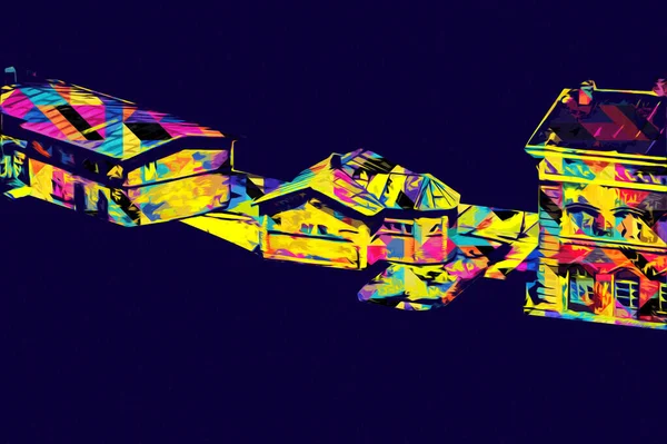 Platformda treni ve lokomotifi olan eski tren istasyonu kalkışı bekliyor. Akşam güneşleri dumanlı kemerlerle ışınlar, sanat illüstrasyonu antika eskizler