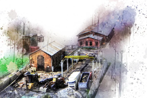 Platformda treni ve lokomotifi olan eski tren istasyonu kalkışı bekliyor. Akşam güneşleri dumanlı kemerlerle ışınlar, sanat illüstrasyonu antika eskizler