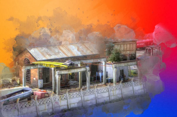 Kamyon ve konteynırlarla dolu bir geri dönüşüm alanının havadan görüntüsü antika eskiz sanatı.