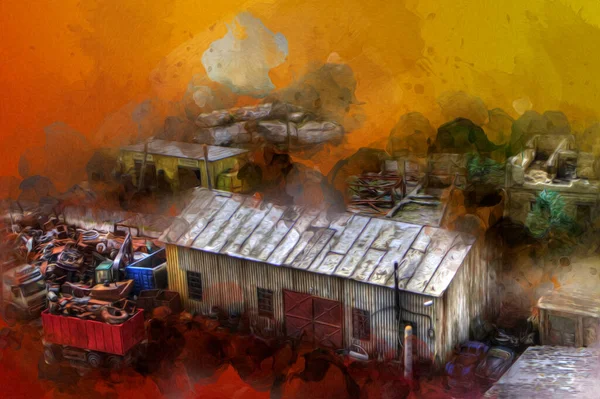 Kamyon ve konteynırlarla dolu bir geri dönüşüm alanının havadan görüntüsü antika eskiz sanatı.