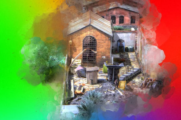 Kamyon ve konteynırlarla dolu bir geri dönüşüm alanının havadan görüntüsü antika eskiz sanatı.