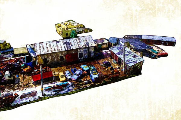 Luftaufnahme Eines Recyclinghofes Mit Lkws Und Containern Kunst Illustration Retro — Stockfoto