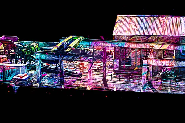 Kamyon ve konteynırlarla dolu bir geri dönüşüm alanının havadan görüntüsü antika eskiz sanatı.