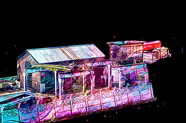 Kamyon ve konteynırlarla dolu bir geri dönüşüm alanının havadan görüntüsü antika eskiz sanatı.