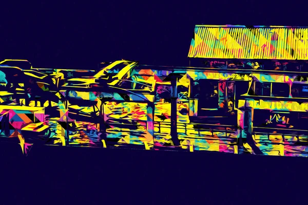 Kamyon ve konteynırlarla dolu bir geri dönüşüm alanının havadan görüntüsü antika eskiz sanatı.