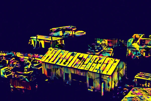 Kamyon ve konteynırlarla dolu bir geri dönüşüm alanının havadan görüntüsü antika eskiz sanatı.