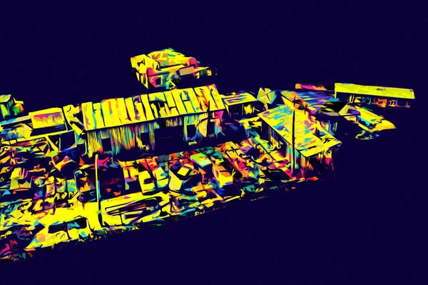 Kamyon ve konteynırlarla dolu bir geri dönüşüm alanının havadan görüntüsü antika eskiz sanatı.