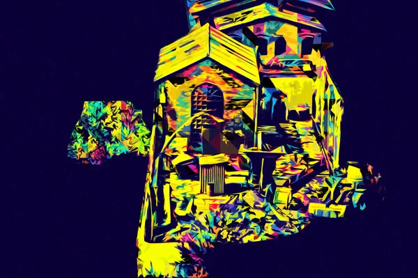 Kamyon ve konteynırlarla dolu bir geri dönüşüm alanının havadan görüntüsü antika eskiz sanatı.