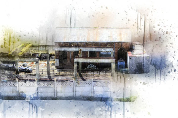 Kamyon ve konteynırlarla dolu bir geri dönüşüm alanının havadan görüntüsü antika eskiz sanatı.