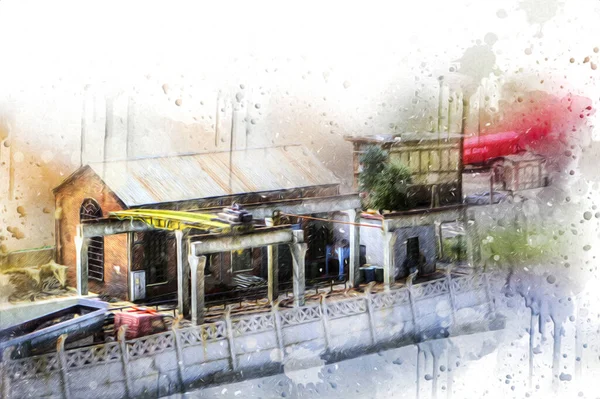 Kamyon ve konteynırlarla dolu bir geri dönüşüm alanının havadan görüntüsü antika eskiz sanatı.