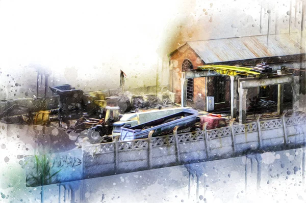 Kamyon ve konteynırlarla dolu bir geri dönüşüm alanının havadan görüntüsü antika eskiz sanatı.