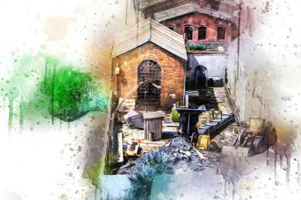 Kamyon ve konteynırlarla dolu bir geri dönüşüm alanının havadan görüntüsü antika eskiz sanatı.