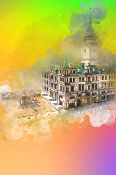 Açık havada belediye binası. Klodzko, Polonya, Sanat illüstrasyonu antika eskiz