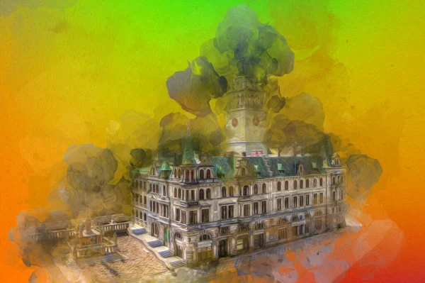 Açık havada belediye binası. Klodzko, Polonya, Sanat illüstrasyonu antika eskiz