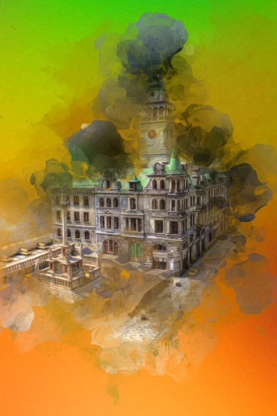 Açık havada belediye binası. Klodzko, Polonya, Sanat illüstrasyonu antika eskiz