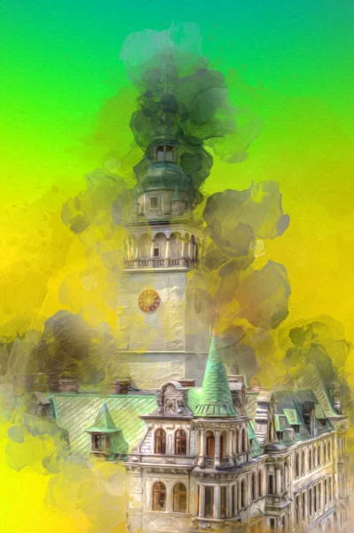 Açık havada belediye binası. Klodzko, Polonya, Sanat illüstrasyonu antika eskiz