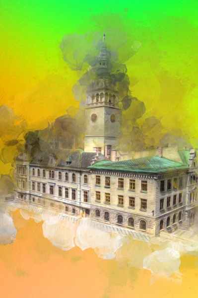 Açık havada belediye binası. Klodzko, Polonya, Sanat illüstrasyonu antika eskiz