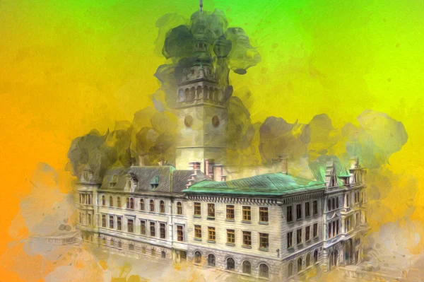 Açık havada belediye binası. Klodzko, Polonya, Sanat illüstrasyonu antika eskiz