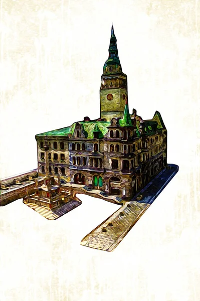 Açık havada belediye binası. Klodzko, Polonya, Sanat illüstrasyonu antika eskiz