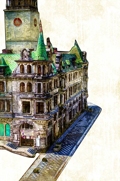 Açık havada belediye binası. Klodzko, Polonya, Sanat illüstrasyonu antika eskiz