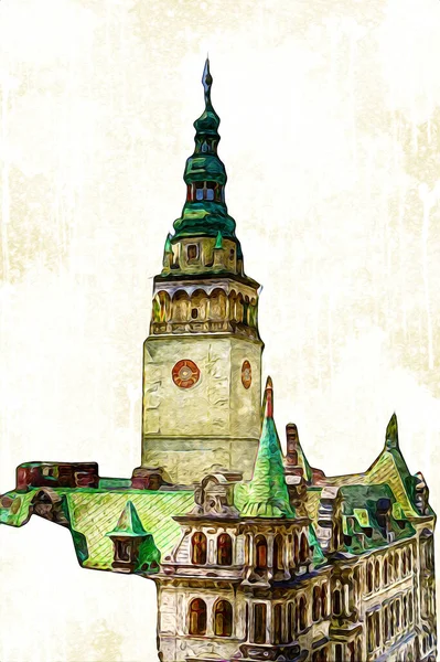 Açık havada belediye binası. Klodzko, Polonya, Sanat illüstrasyonu antika eskiz