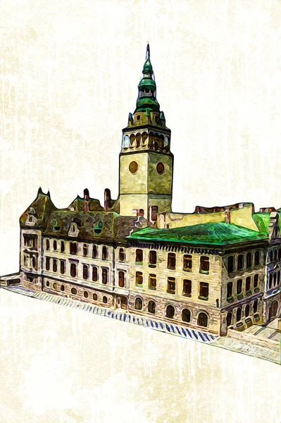 Açık havada belediye binası. Klodzko, Polonya, Sanat illüstrasyonu antika eskiz