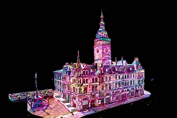 Açık havada belediye binası. Klodzko, Polonya, Sanat illüstrasyonu antika eskiz