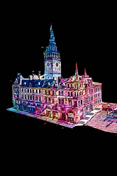 Açık havada belediye binası. Klodzko, Polonya, Sanat illüstrasyonu antika eskiz